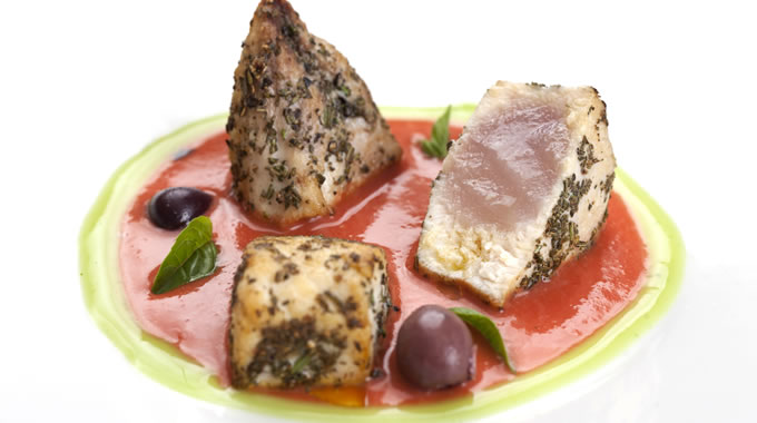 Mediterranean herbs tuna with panzanella gravy